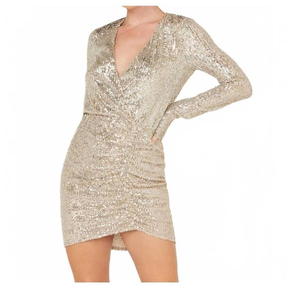 NEW SHOW ME YOUR MUMU party hop sequins long sleeve mini dress in gold - Picture 1 of 4
